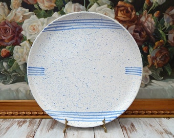 Big Round Platter PORTUGAL White Blue Speckled Pottery, Classic Round Platter 14.5", Thanksgiving