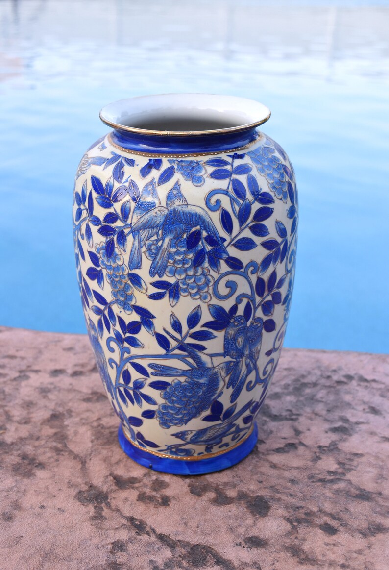Vintage Chinoiserie White and Blue Vase Chinese Porcelain Big Vase White & Blue Gold Accents Birds Vines Berries Chinese Tall Vase il 794xN g3go