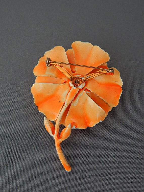 Orange Enamel Flower Pin, Rhinestone Enamel Flowe… - image 7