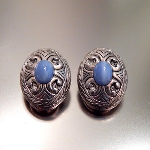 Silver Blue Earrings PREMIER DESIGNS Clip-Ons, Blue Cat's Eye Glass Cabochons Silver Tone Earrings image 1