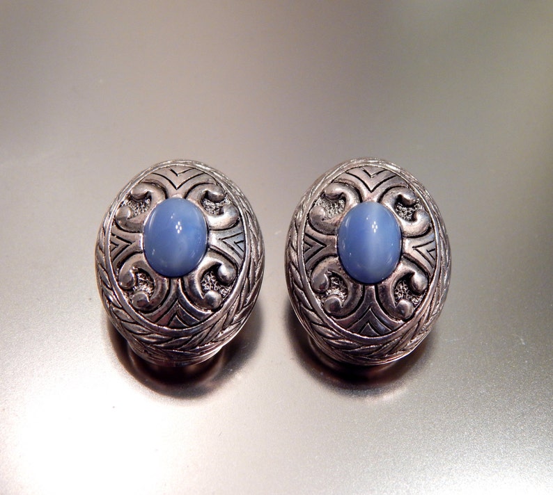 Silver Blue Earrings PREMIER DESIGNS Clip-Ons, Blue Cat's Eye Glass Cabochons Silver Tone Earrings image 1