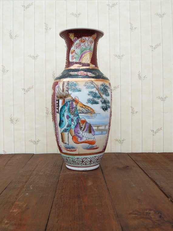 Vintage Chinese Vase Hand Painted People In The Garden Scenes Etsy