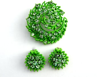 Green Enamel Pin and Clip Earrings, Green Rhinestone Clip Earrings and Brooch, Mid Century Vintage