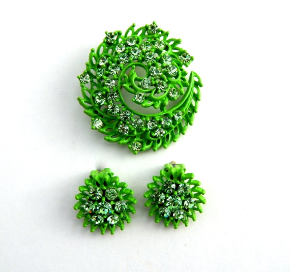 Green Enamel Pin and Clip Earrings, Green Rhinest… - image 1