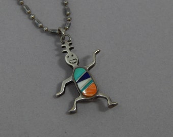 ZUNI Sterling Pendant Pin on Chain Necklace Signed WATERS, Dancing Man Antennae Turquoise Lapis Coral Sterling Silver Native American Indian