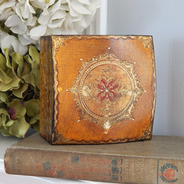 Italian Florentine Box, Carved Wooden Jewelry Box Trinket Box Gold Vintage Rustic