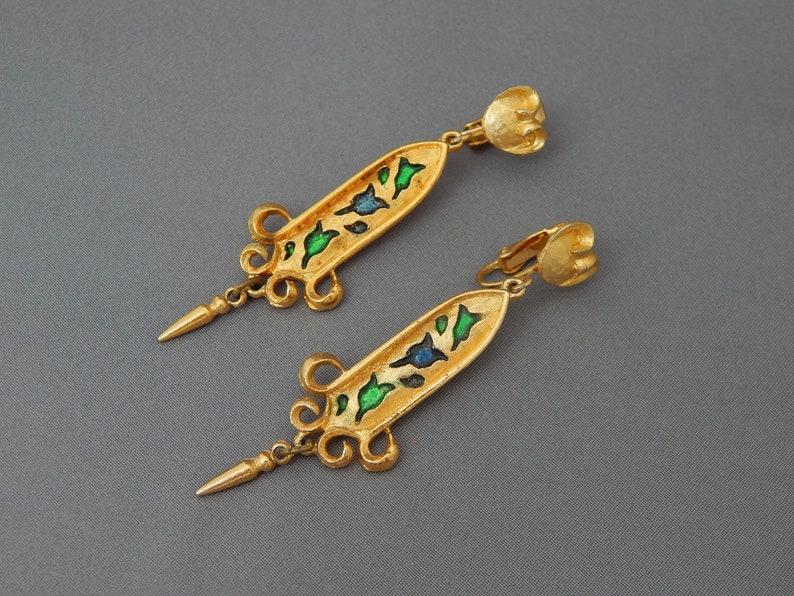 Dangly Earrings Victorian Style Earrings LISA Long Earrings Clip-Ons Gold Tone Blue Green Enamel