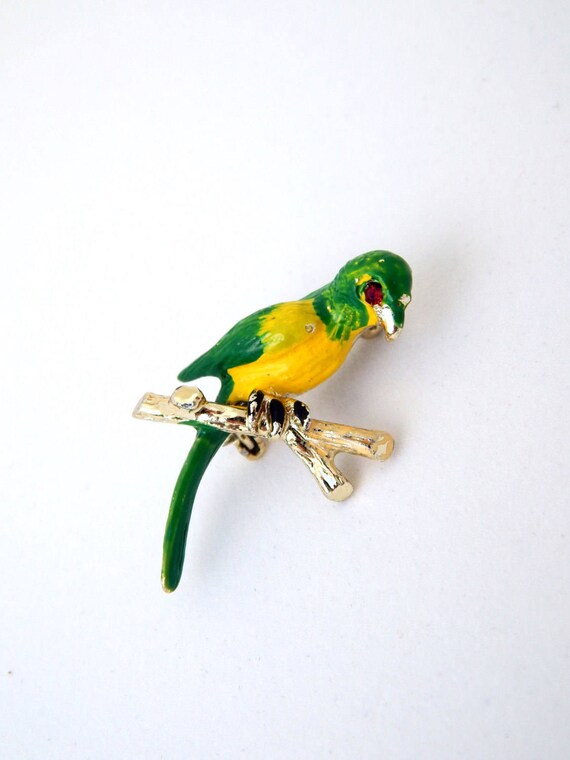 Enamel Parrot Pin, Mid Century Tropical Bird Pin,… - image 2