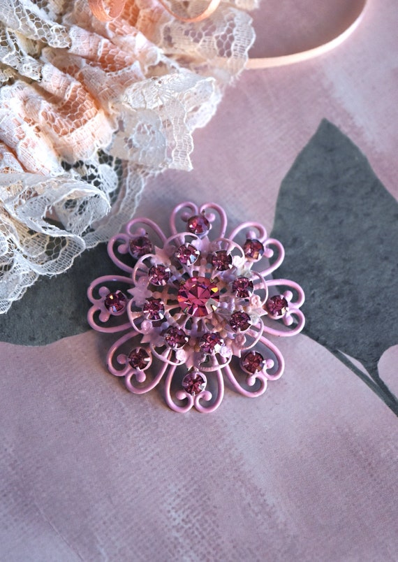 Pink Enamel Pin, Rhinestone Enamel Flower Pin, Pi… - image 6