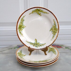 Antique Plates Hand-Painted Homer Laughlin Genesee Set of 4, Hand-Painted Plates Gold Rim Green Flowers