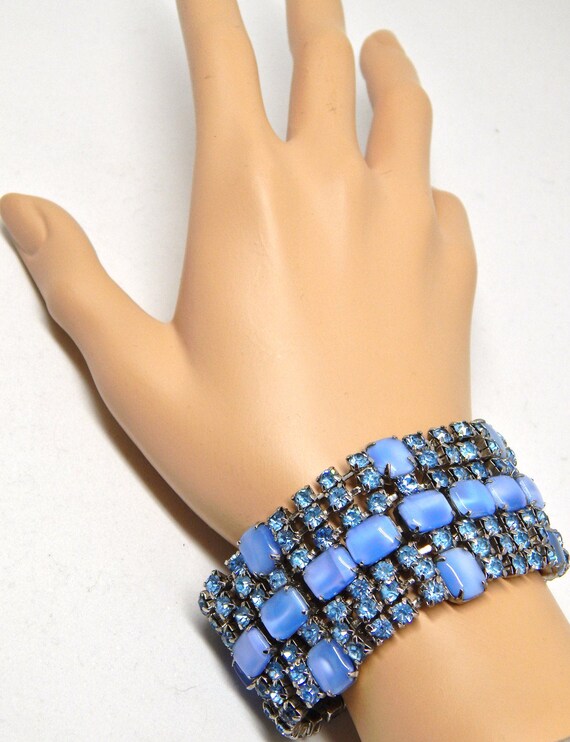 Blue Rhinestone Bracelet, Vintage Cuff Bracelet, Blue