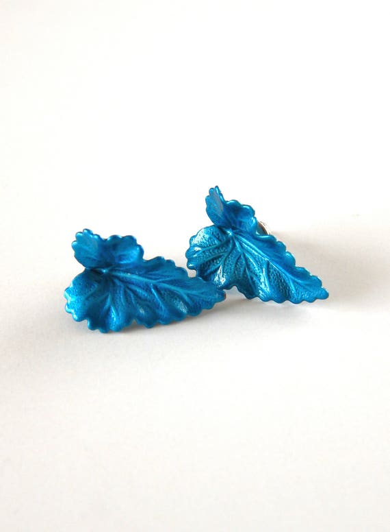 Blue Leaf Earrings, Blue Enamel Pierced Earrings, 