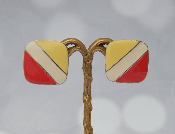 Square Enamel Earrings Clip-Ons, Yellow Red White… - image 1