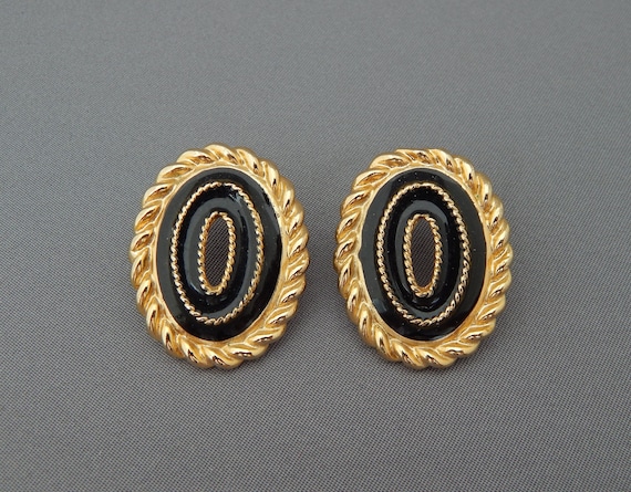 Black and Gold Enamel Earrings, Pierced Oval Earr… - image 1