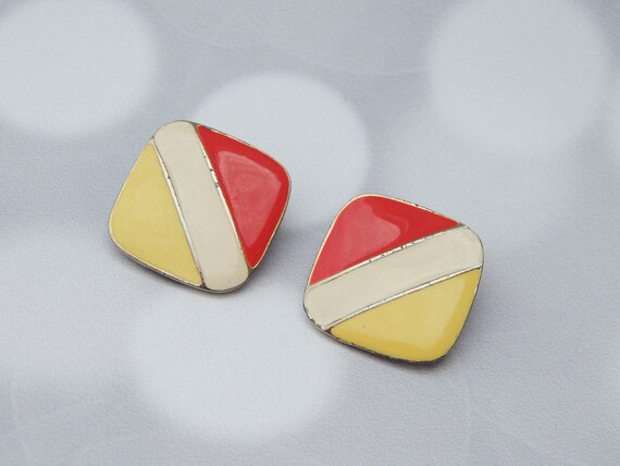 Square Enamel Earrings Clip-Ons, Yellow Red White… - image 3