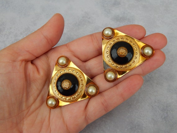 PATTI HORN Earrings Clip-Ons, Black and Gold Tone… - image 3