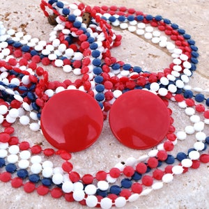 Antique Red White and Blue Fused Celluloid Beads Long Necklace & Clip Earrings, 1930&#39;s Flapper Necklace Multi Strand Patriotic USA  July 4th