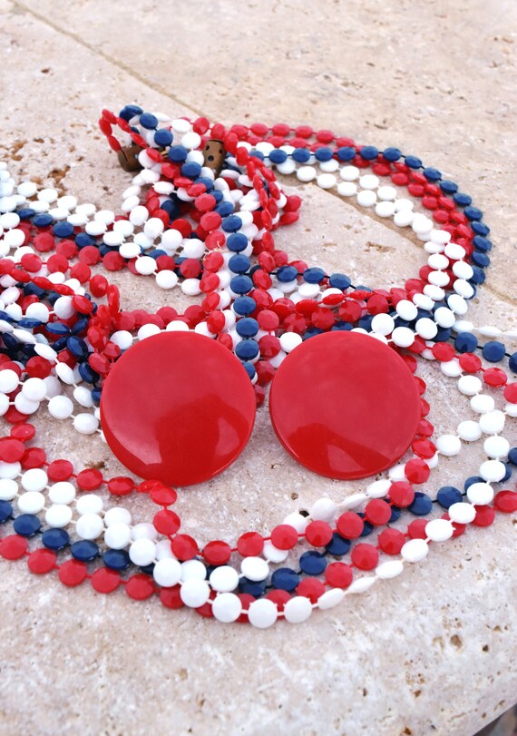Antique Red White and Blue Fused Celluloid Beads Long  display picture 1