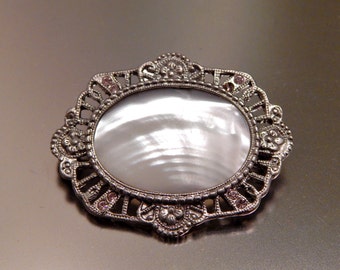 Collar Pin Mother of Pearl Rhinestones Ornate Filigree Silver Tone, Neo Victorian