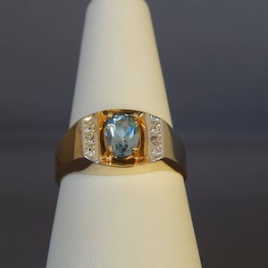 10K Gold Blue Topaz Diamond Ring Size 9.5, 10K Solid Yellow Gold Diamonds Blue Topaz Ring, Promise Ring