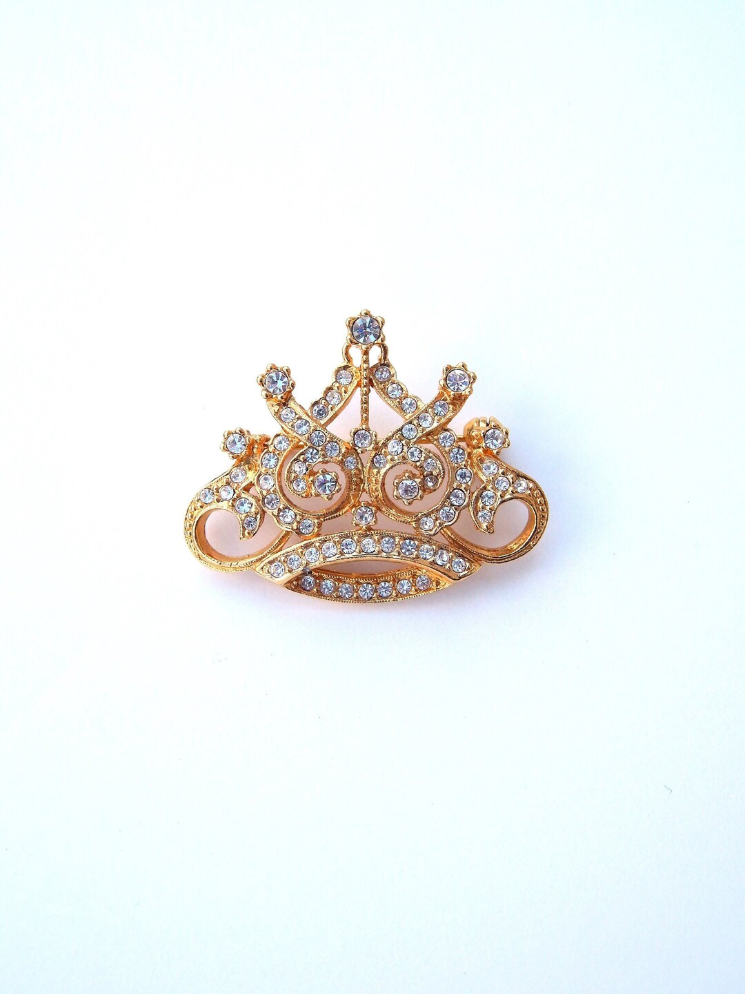 Rhinestone Crown Pin, Gold Tone Royal Crown Brooch, Crystal Crown Pin ...