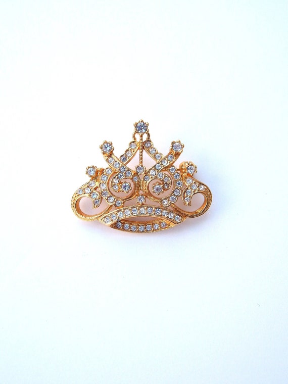 Rhinestone Crown Pin, Gold Tone Royal Crown Brooc… - image 1