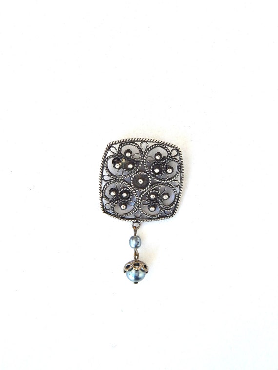 Filigree Pin Cannetille Art Deco, Square Silver F… - image 1