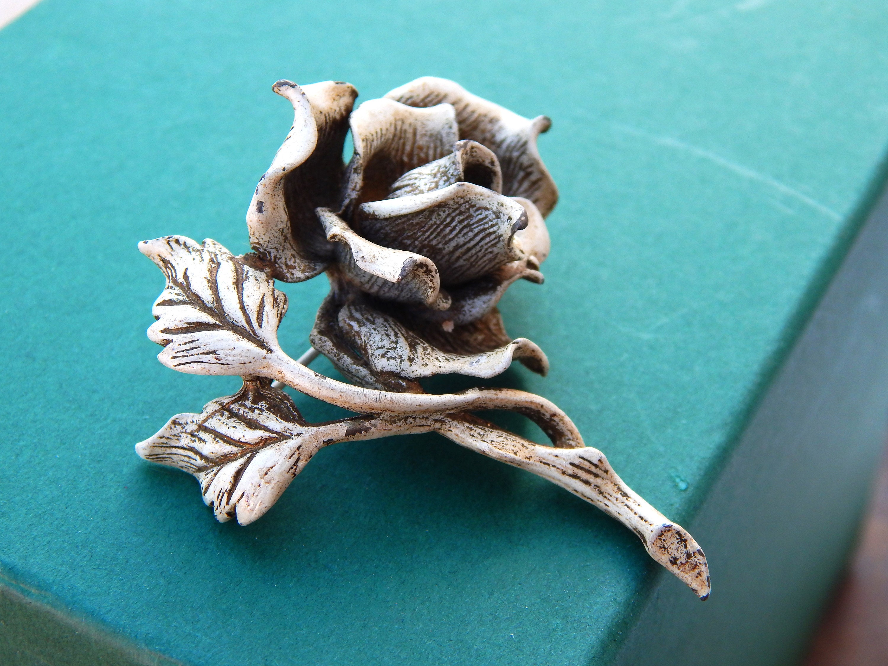 HAR White Rose Pin, RARE White Enamel Dark Finish Flower Pin, Metal ...