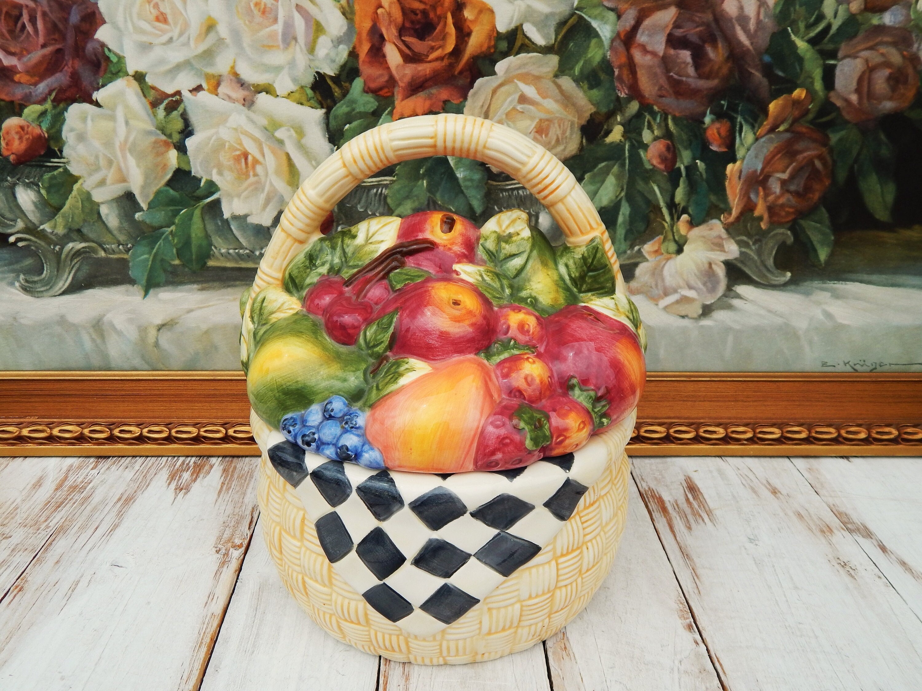 SUSAN WINGET Fruit Basket Cookie Jar Harvest Fair Certified International, Hand Painted Ceramic Fruit Basket Cookie Jar