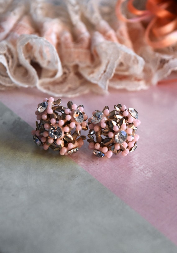 Pink Flower Earrings Screw-Backs Celluloid Rhines… - image 9