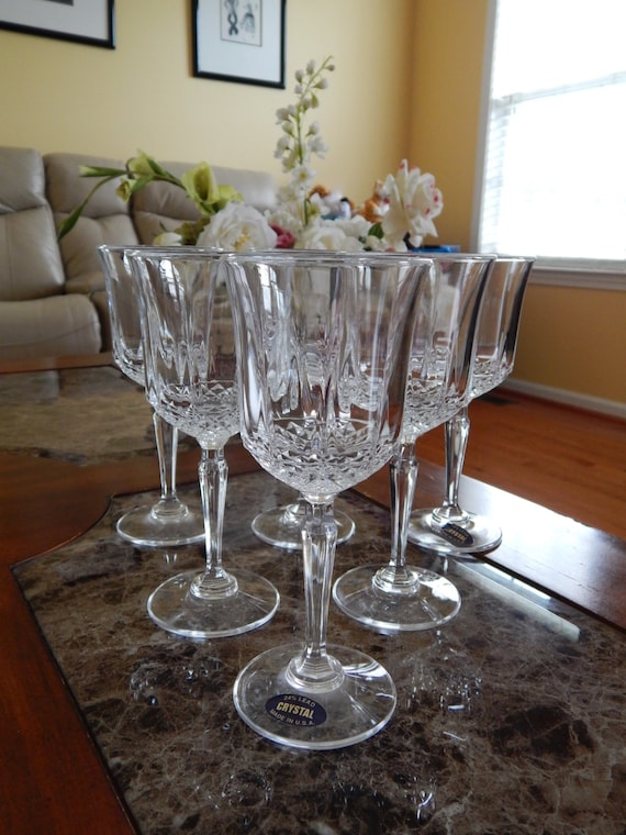 Vintage Set of Six Heavy Cut Crystal Wine Glasses, Crystal Wine