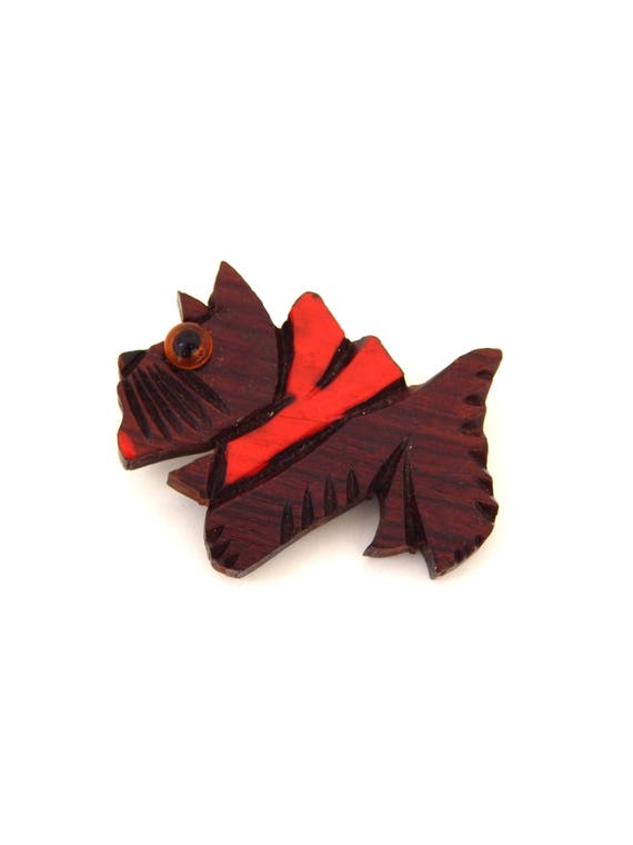 Scottie Dog Pin Carved Wood Lucite, Scottie Brooch