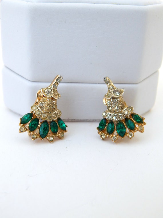 Emerald Green Earrings Clip-Ons, Mid Century Rhine