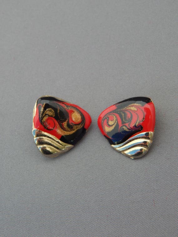 Vintage Enamel Swirl Triangle Earrings, Red Black… - image 1