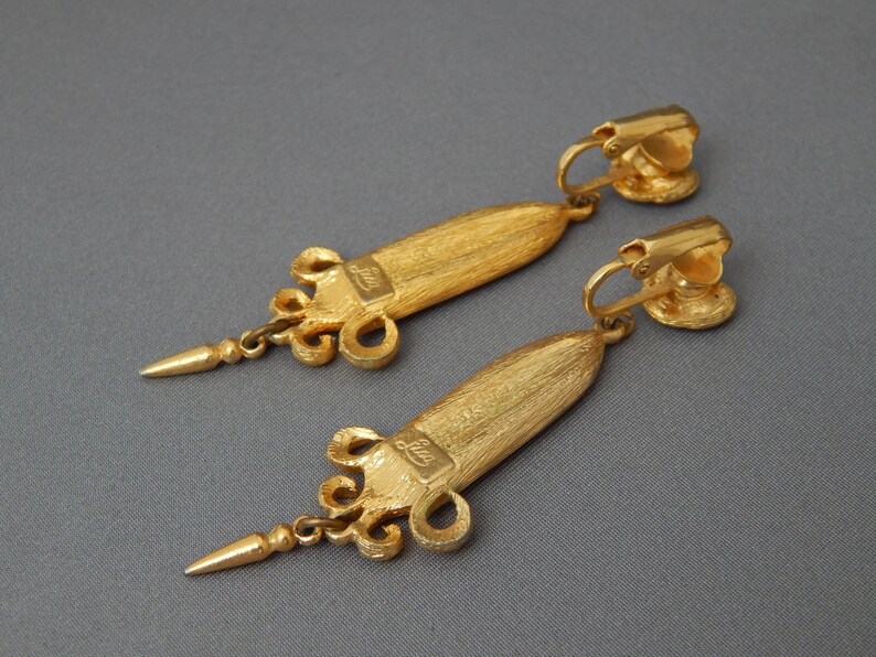 Dangly Earrings Victorian Style Earrings LISA Long Earrings Clip-Ons Gold Tone Blue Green Enamel