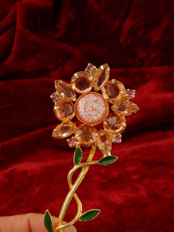 BIG Flower Pin Pink Rhinestones Lucite Enamel - image 2