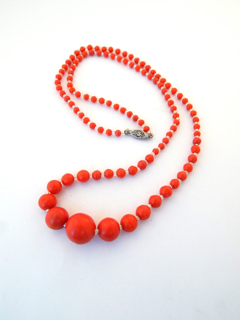 Vintage Coral Red Celluloid Necklace 10K Filigree Clasp Early Plastic Necklace Faux Coral Celluloid Necklace Graduated Beads Single Strand