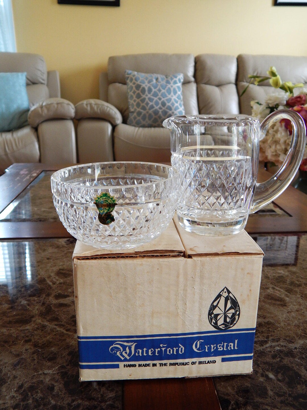 WATERFORD Crystal Sugar & Cream 110329 Boxed Set, Mid Century Waterford Ireland Cut Crystal