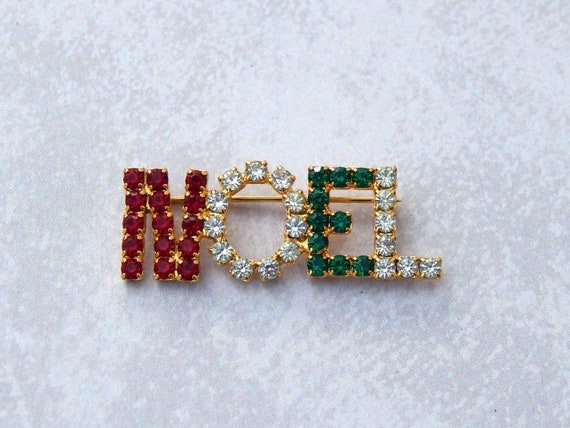 NOEL Christmas Pin, Rhinestone Noel Pin, Christmas Jewelry 