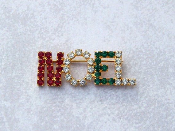 NOEL Christmas Pin, Rhinestone Noel Pin, Christmas Jewelry