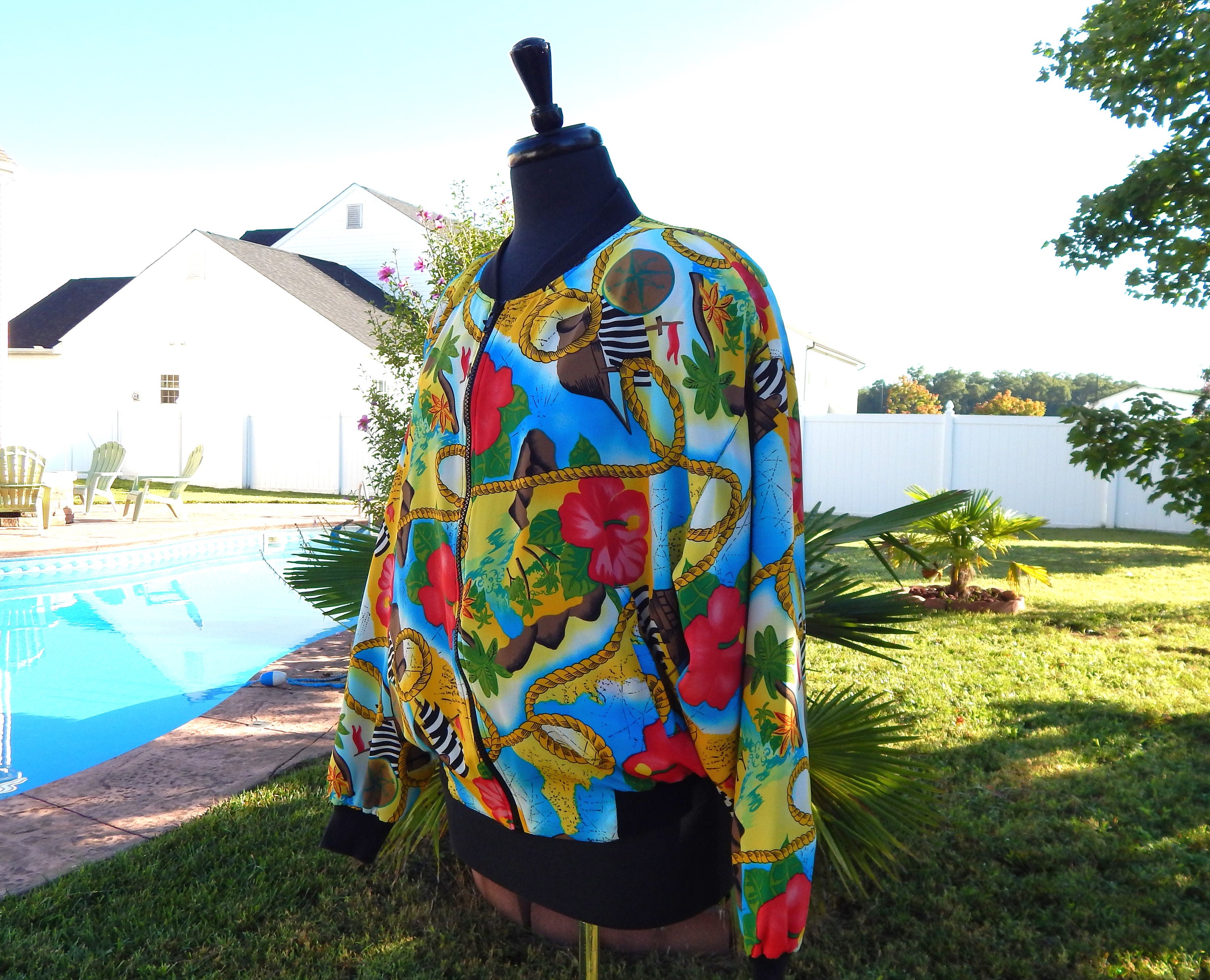 Satin Bomber Jacket Nautical Print Baroque Jacket 1980's