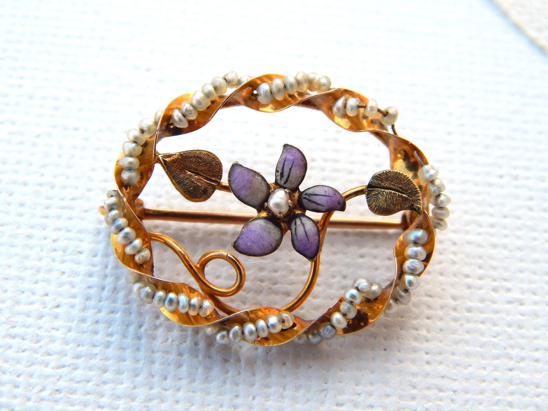 Épingle antique 10K Perles de graines dor Fleur démail violet, Broche