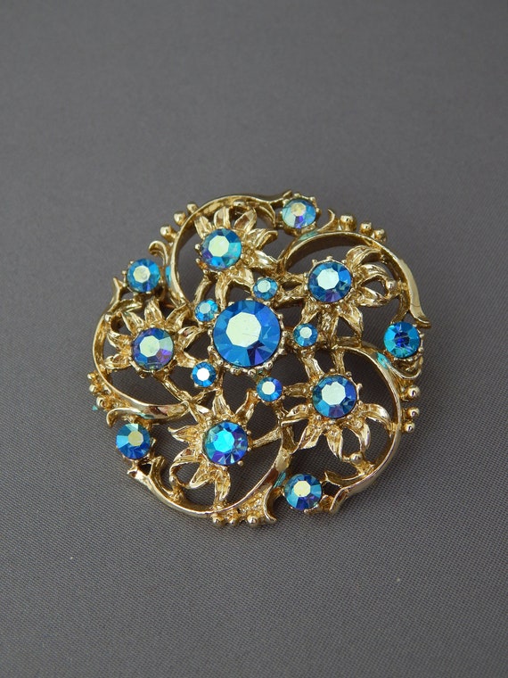 Blue Rhinestone Pin Flower Brooch, Big Flashy Mid… - image 2