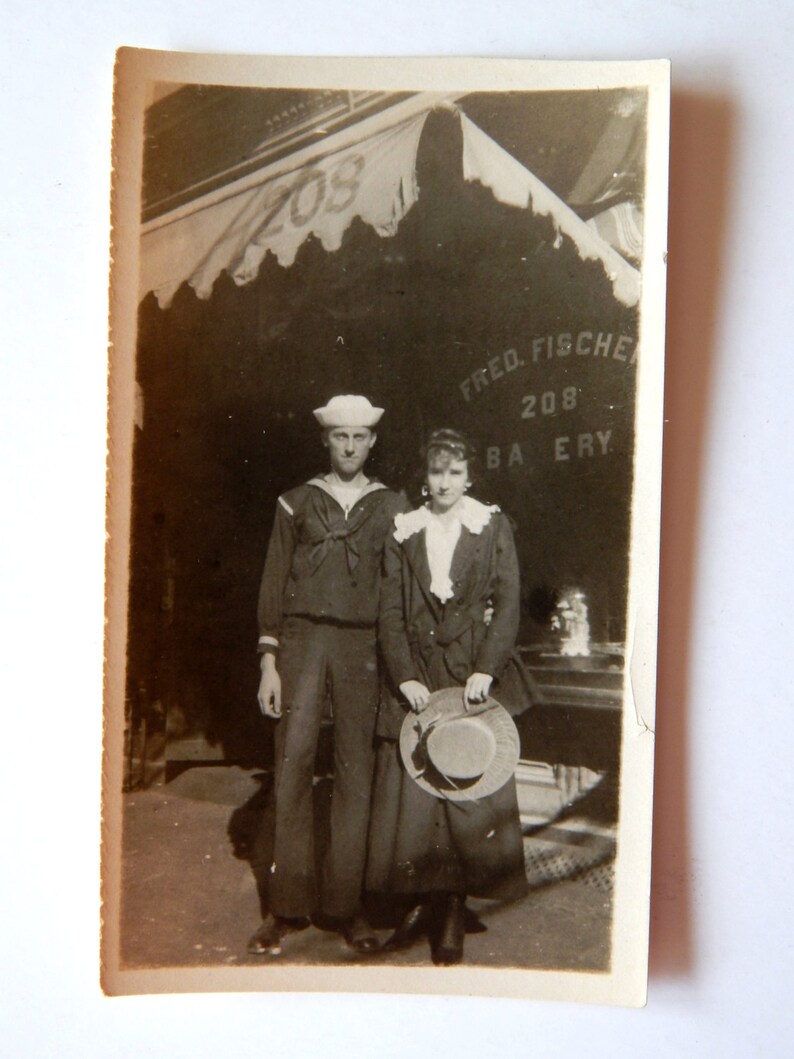 Vintage Photo 1910/'s Sailor and Sweetheart Fischer Bakery Vernacular Vintage Photo Edwardian Photo Sailor and Lady