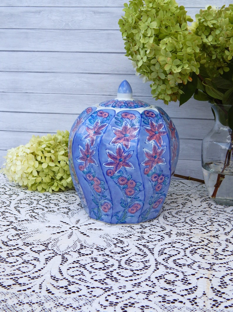 Vintage Large Decorative Ginger Jar Wave Pattern Blue Pink Etsy