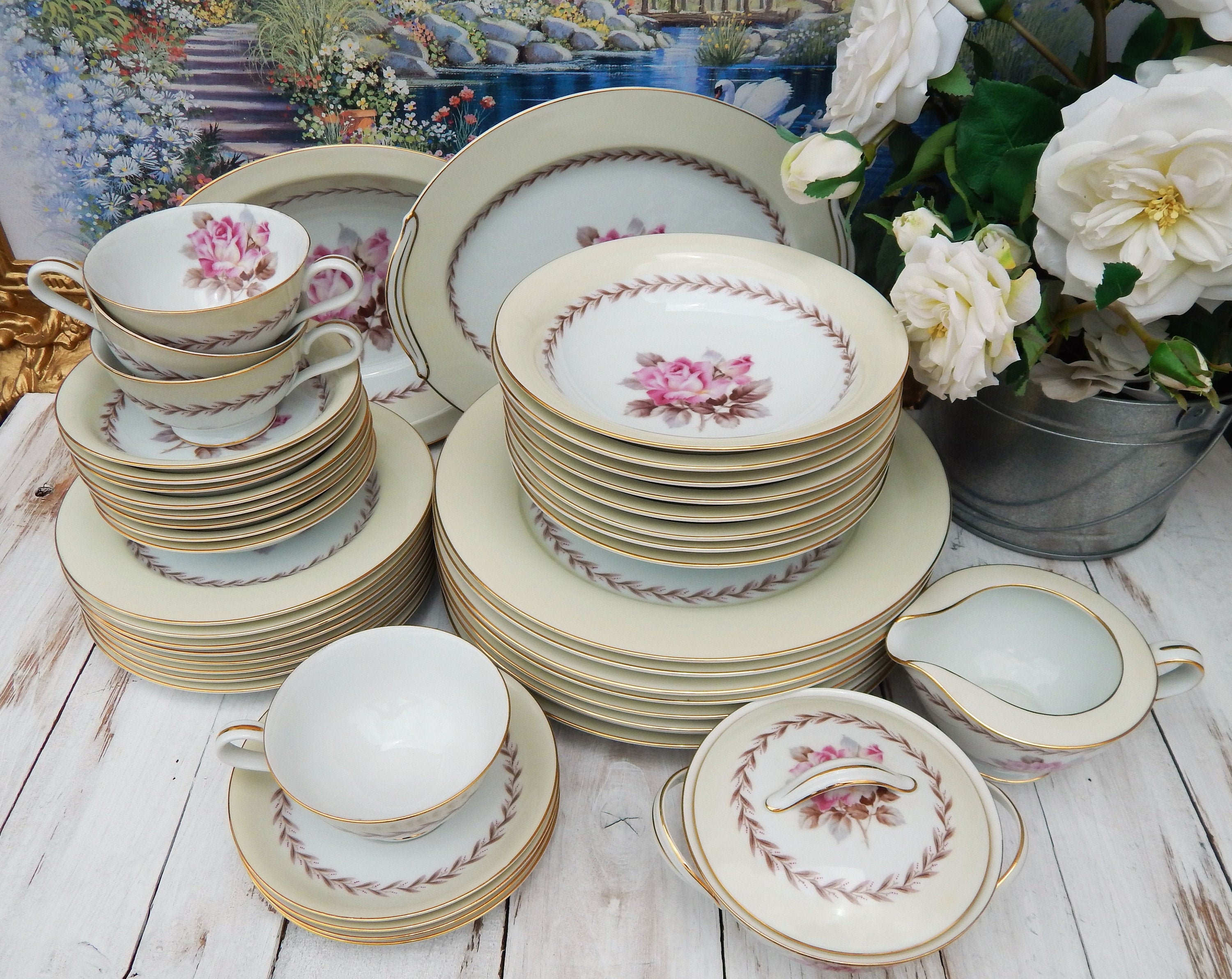 Floral Plates NORITAKE Japan N212 Pink Roses Dinner Plates 10.5