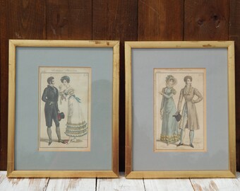 Antique French Fashion Engravings Colorized Etchings Set of 2 COSTUMES PARISIENS 1820 Fashion Illustration Engravings