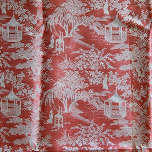 Vintage Chinoiserie Silk Damask Toile Fabric Pagoda Garden 4 Yards Pink & White Double-Sided Silk Textile Collectible RARE