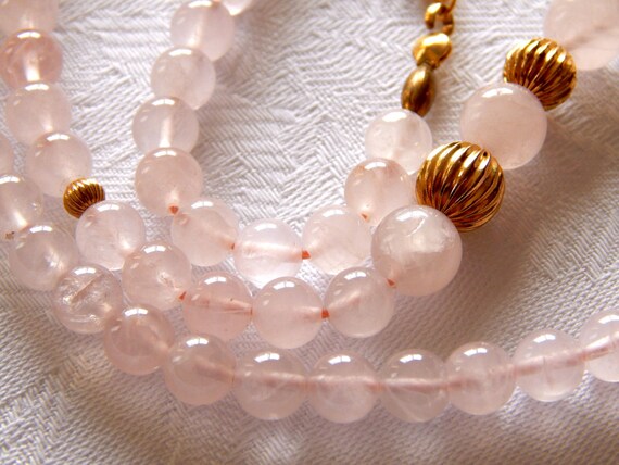 Rose Quartz Necklace Vermeil Clasp, Beaded Rose Q… - image 3