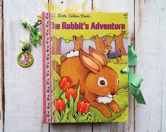 Junk Journal Rabbit's Adventure, Handmade Journal, Scrapbook, Diary, Little Golden Book Journal, Vintage Journal with Ephemera